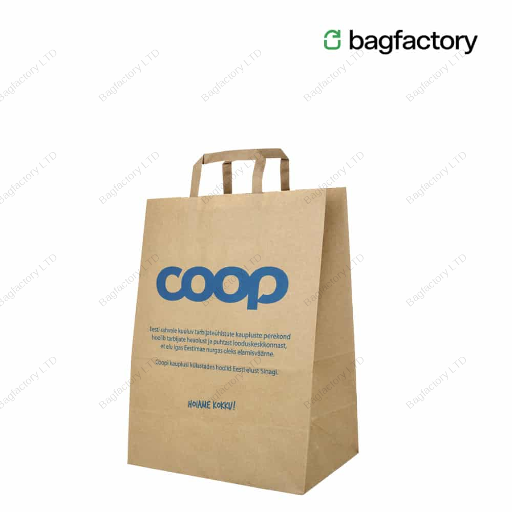Brune papirbærertasker med indvendigt fladt håndtag til supermarkedssektoren i størrelse: 32 cm bredde x 17 cm dybde x 41 cm højde fremstillet i Europa