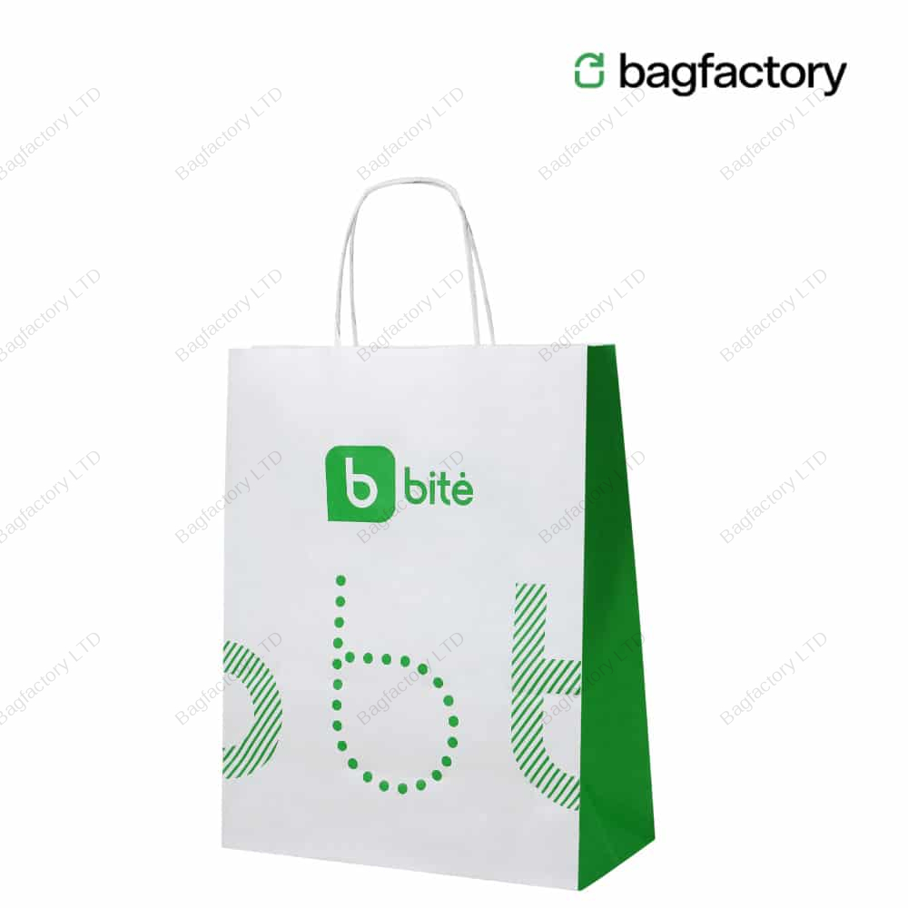 White Twisted Handle Paper Bags in size: 25 cm width x 12 cm depth x 31 cm height produced in Baltic States.