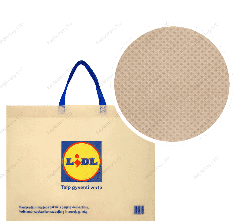 ECO-CENT korduvkasutatav mittekootud kott, mis asendab täielikult ühekordselt kasutatavat kilekotti mõõtmetega: 50 cm laius x 40 cm kõrgus x 15 cm, volt põhjas, lühikeste sangadega